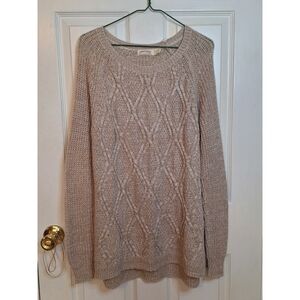 Faded Glory Beige Diamond Cable Knit Hi Low Sweater Boat Neck Minimalist Size XL